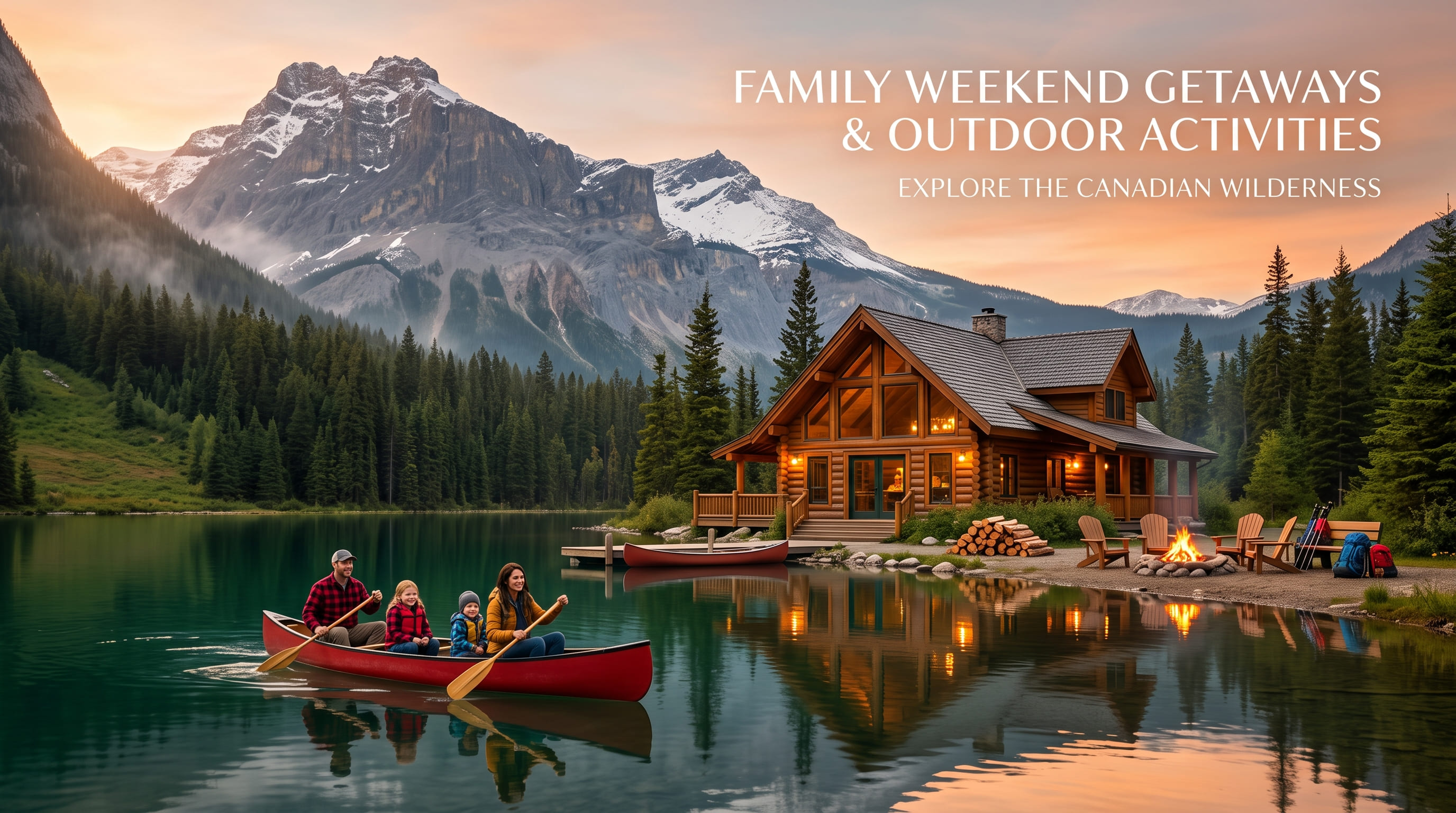 Parents and two children paddling a red canoe at sunset on a calm lake, with a lit cabin, fire pit, and rocky peaks on shore.