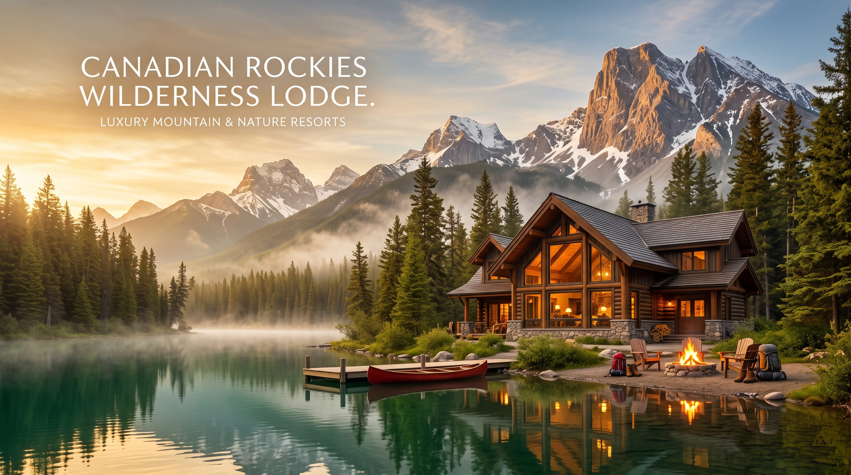 A timber lodge and red canoe at a dock on a misty turquoise lake, with snow-covered peaks rising behind the forest.
