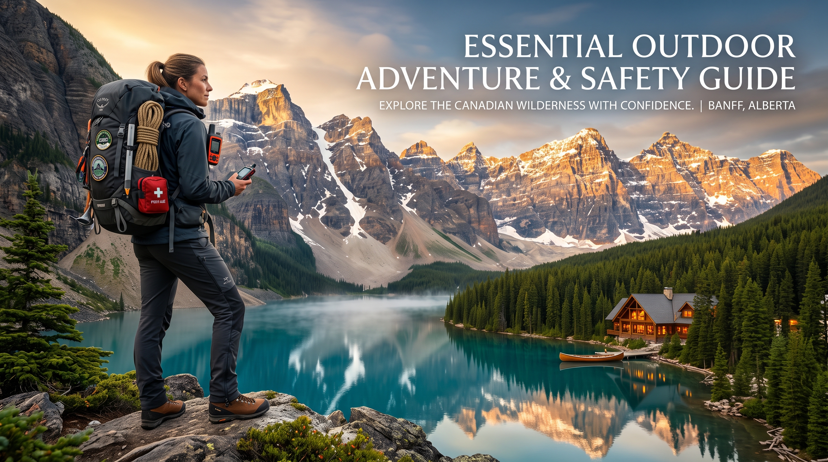 A hiker with a large pack stands on a rocky ridge above a turquoise lake, holding a handheld device, with a cabin and canoe far below.