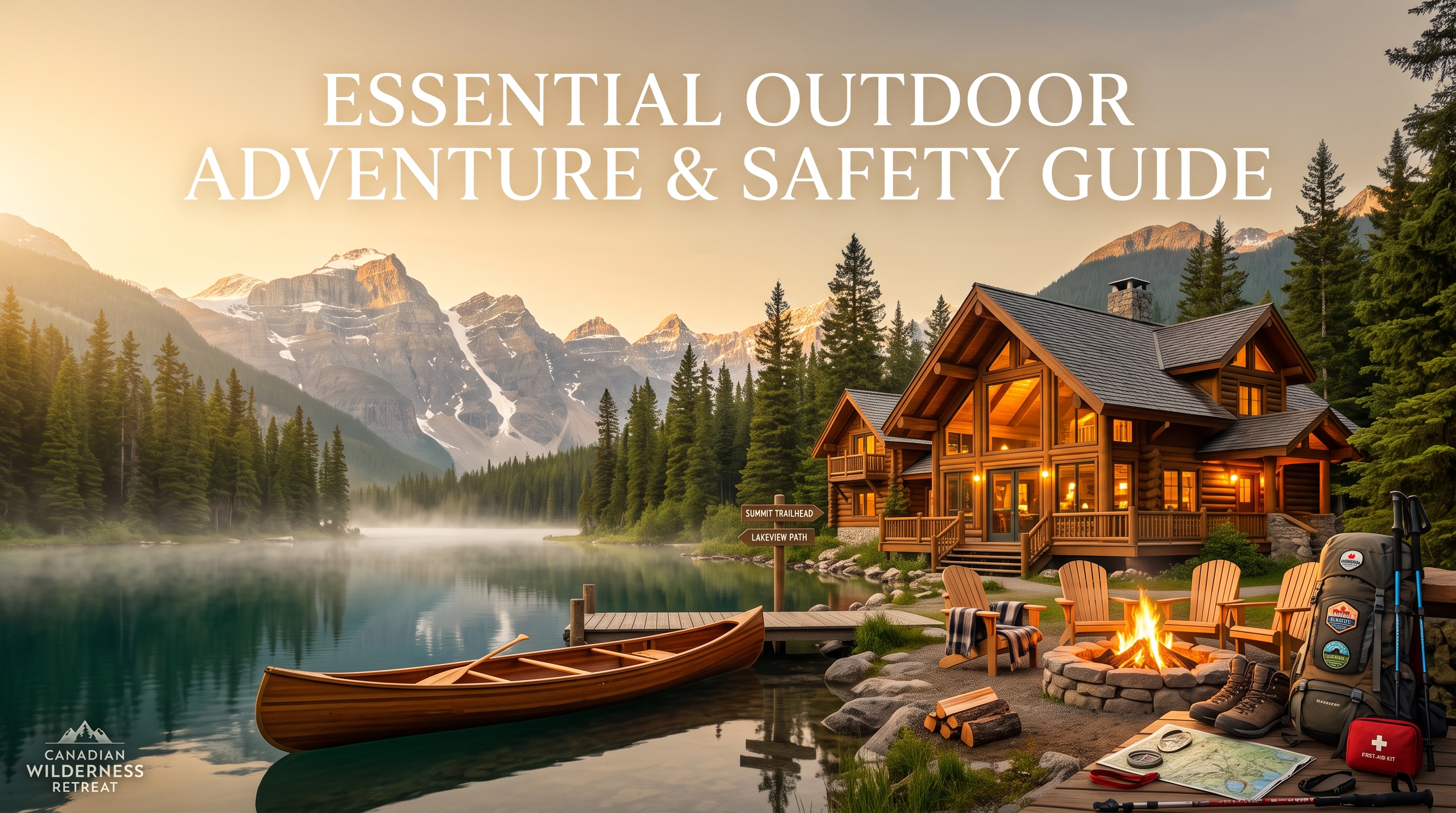 A lakeside cabin with a canoe, campfire, backpack, first-aid kit, map, and compass laid out on the shore.